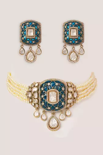 Two tone Plated kundan blue stone choker necklace set