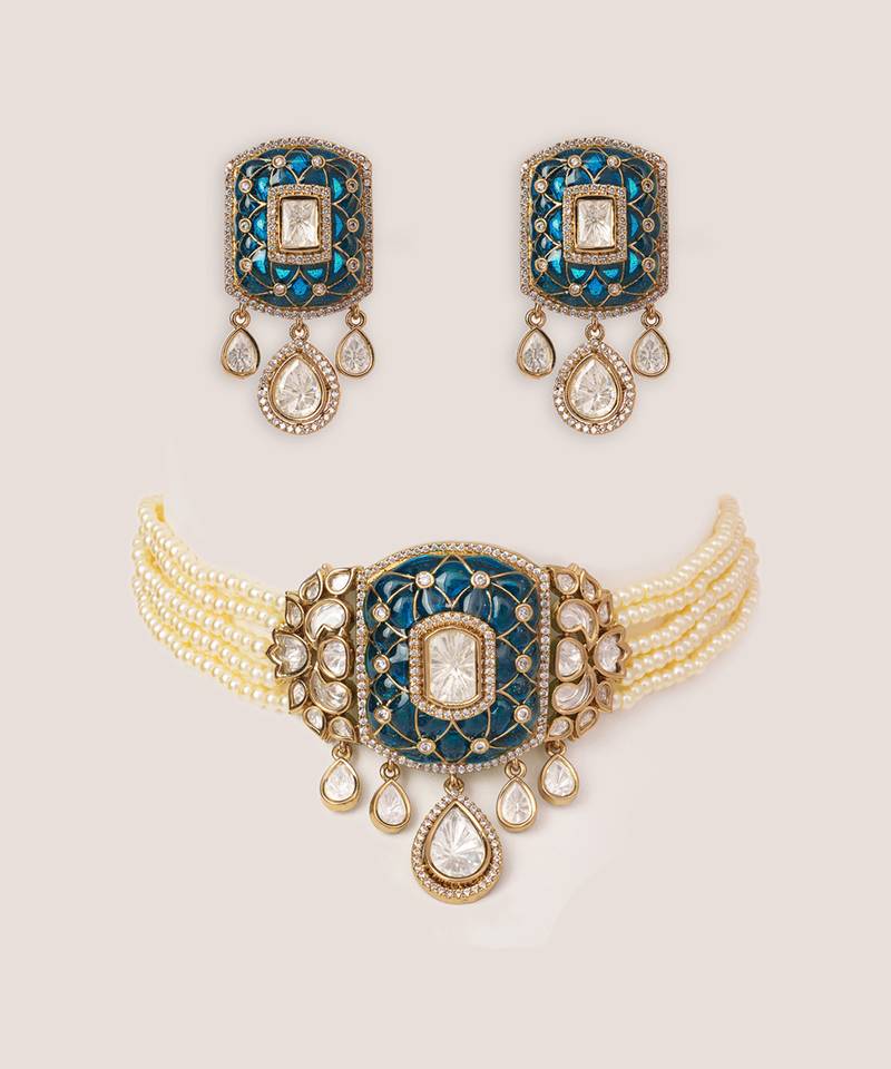 Two tone Plated kundan blue stone choker necklace set