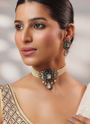 Two tone Plated kundan blue stone choker necklace set 2