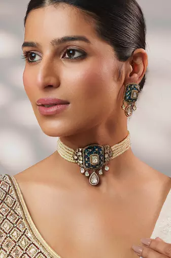 Two tone Plated kundan blue stone choker necklace set