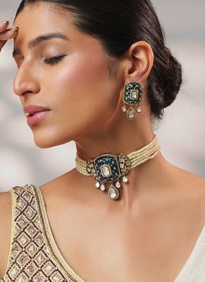 Two tone Plated kundan blue stone choker necklace set 3