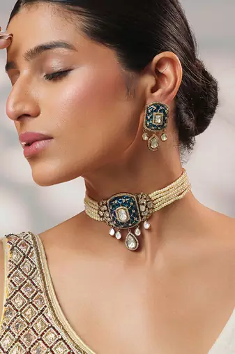 Two tone Plated kundan blue stone choker necklace set