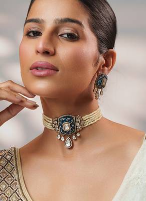 Two tone Plated kundan blue stone choker necklace set 4