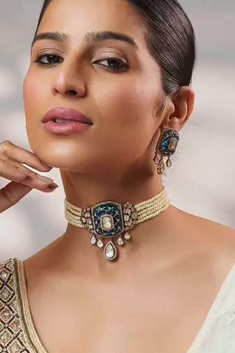 Two tone Plated kundan blue stone choker necklace set
