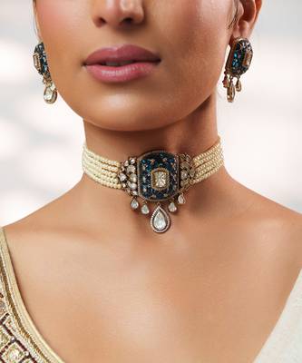 Two tone Plated kundan blue stone choker necklace set 5