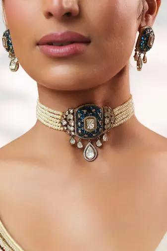 Two tone Plated kundan blue stone choker necklace set