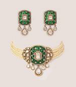 Two tone Plated kundan green stone choker necklace set