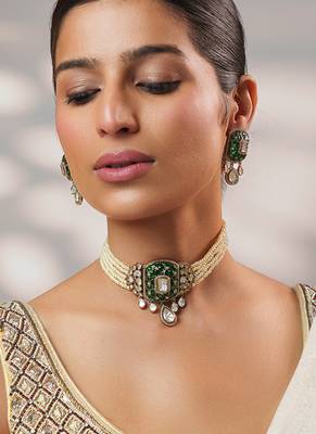 Two tone Plated kundan green stone choker necklace set 2