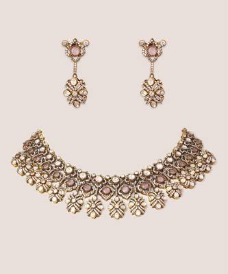 Two tone Plated kundan pink stones necklace set 1