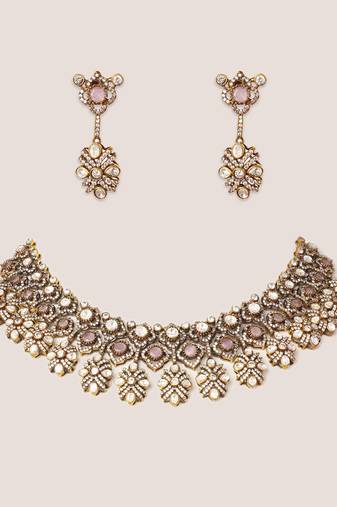 Two tone Plated kundan pink stones necklace set