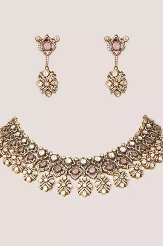 Two tone Plated kundan pink stones necklace set