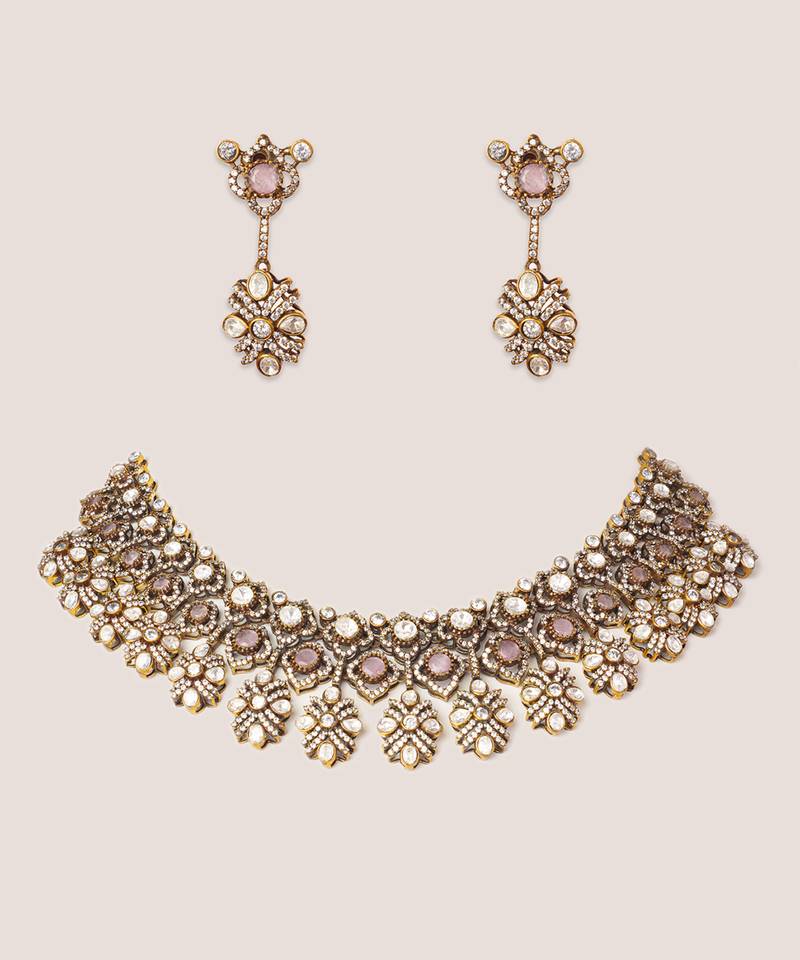 Two tone Plated kundan pink stones necklace set