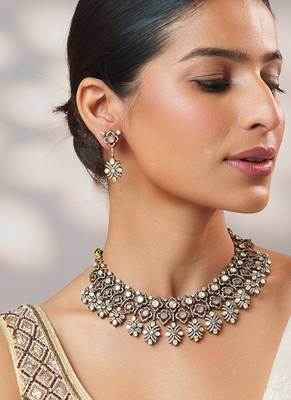 Two tone Plated kundan pink stones necklace set 2