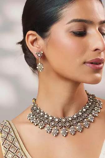 Two tone Plated kundan pink stones necklace set