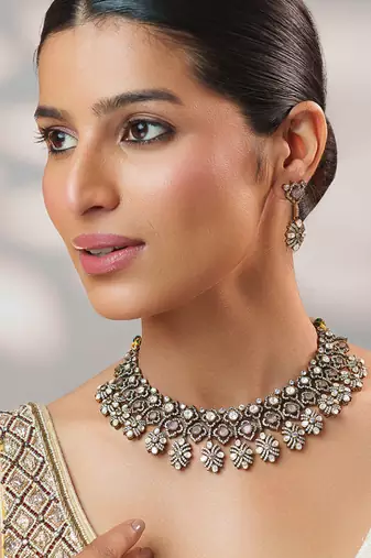 Two tone Plated kundan pink stones necklace set