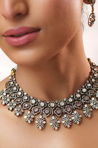 Two tone Plated kundan pink stones necklace set