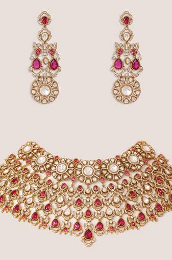 Two tone Plated kundan red stones necklace set