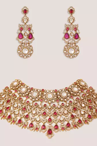 Two tone Plated kundan red stones necklace set