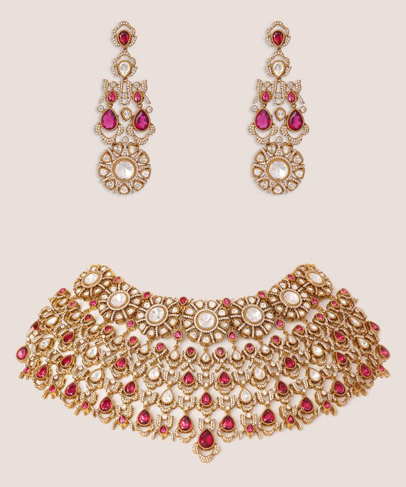 Two tone Plated kundan red stones necklace set
