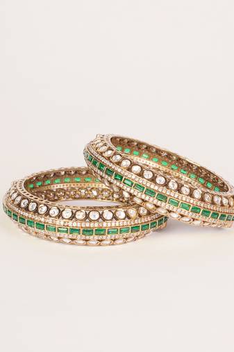 Two tone Plated kundan green stones bangle