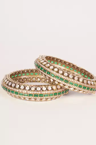 Two tone Plated kundan green stones bangle