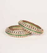 Two tone Plated kundan green stones bangle