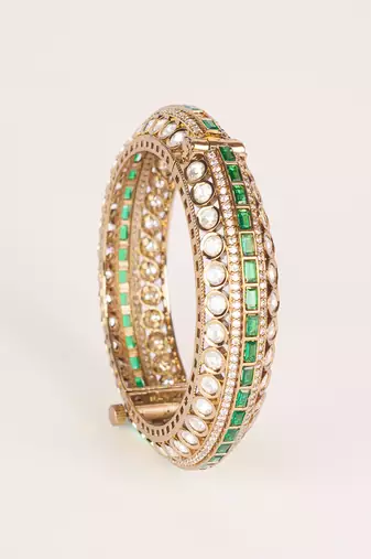 Two tone Plated kundan green stones bangle