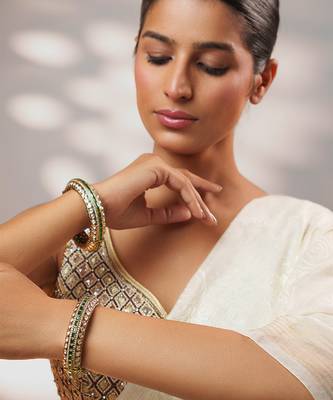 Two tone Plated kundan green stones bangle 3