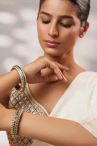 Two tone Plated kundan green stones bangle
