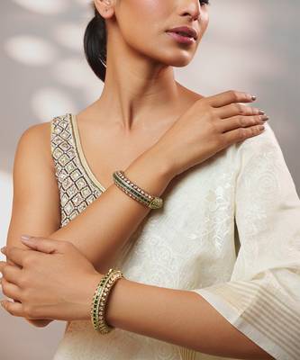Two tone Plated kundan green stones bangle 4