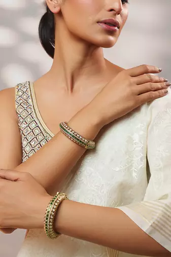 Two tone Plated kundan green stones bangle