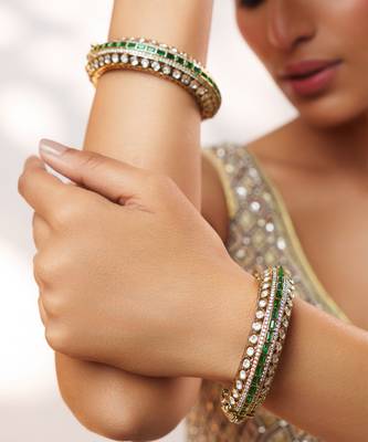 Two tone Plated kundan green stones bangle 5