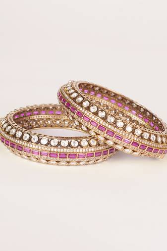 Two tone Plated kundan pink stone bangle