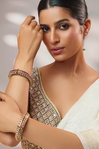 Two tone Plated kundan pink stone bangle
