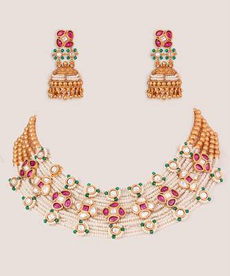 Gold plated kundan pink stones choker necklace set 1