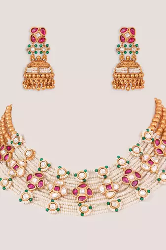 Gold plated kundan pink stones choker necklace set