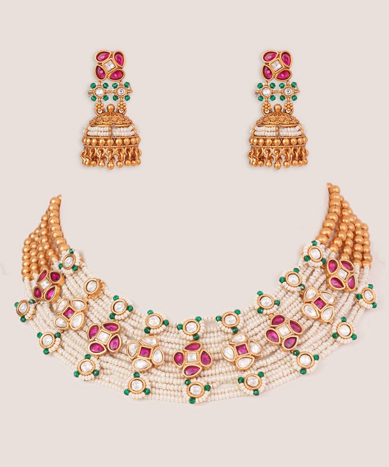 Gold plated kundan pink stones choker necklace set