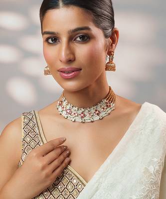 Gold plated kundan pink stones choker necklace set 2