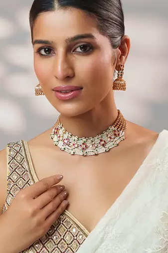Gold plated kundan pink stones choker necklace set