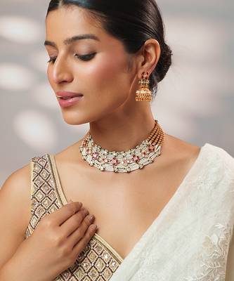 Gold plated kundan pink stones choker necklace set 3
