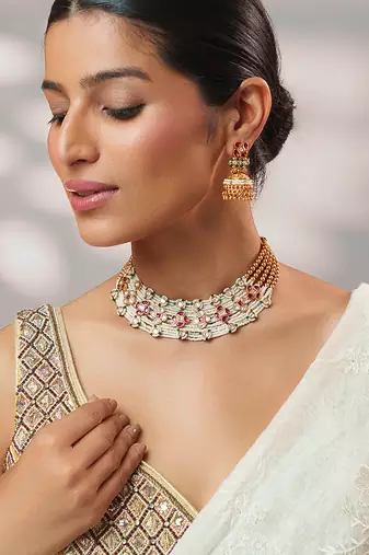 Gold plated kundan pink stones choker necklace set