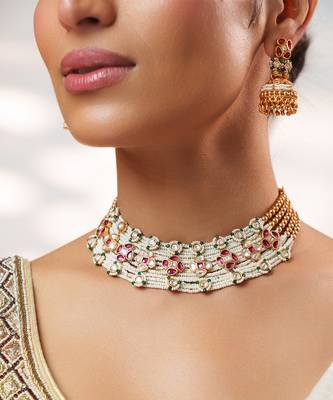 Gold plated kundan pink stones choker necklace set 4