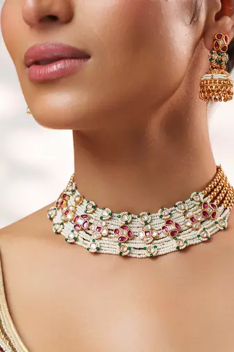 Gold plated kundan pink stones choker necklace set