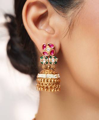 Gold plated kundan pink stones choker necklace set 5