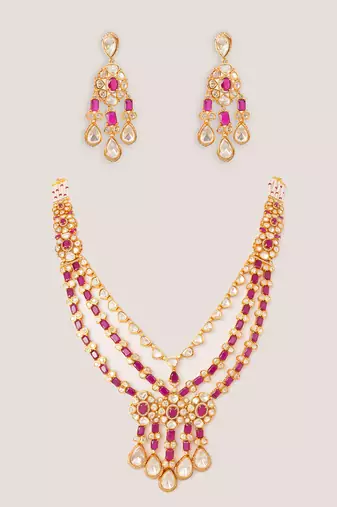 Gold plated kundan pink stones layered necklace set