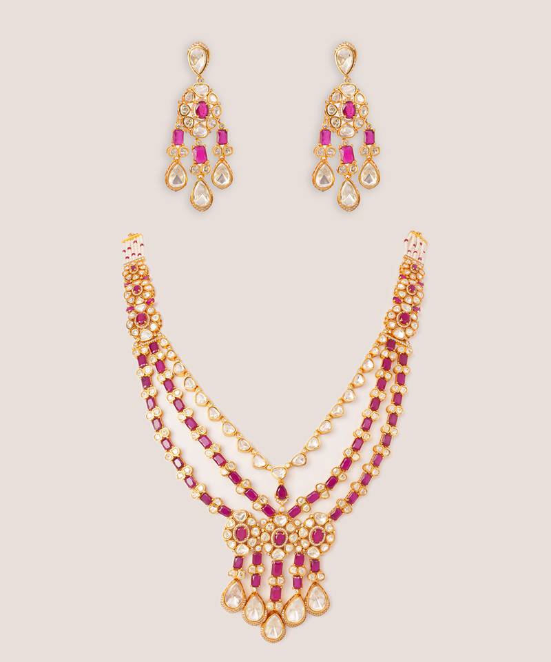 Gold plated kundan pink stones layered necklace set