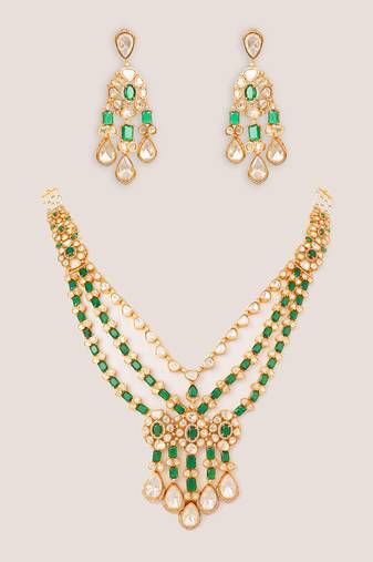 Gold plated kundan green stones layered necklace set