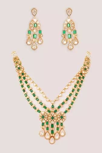 Gold plated kundan green stones layered necklace set