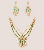 Gold plated kundan green stones layered necklace set