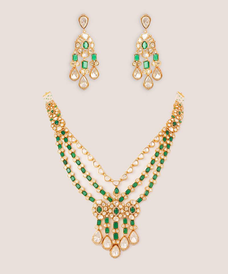 Gold plated kundan green stones layered necklace set